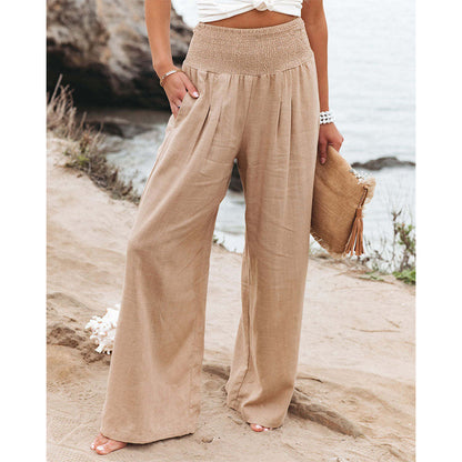 Women Cotton Linen Pockets Solid Loose Casual Wide Leg Long Trousers Pants