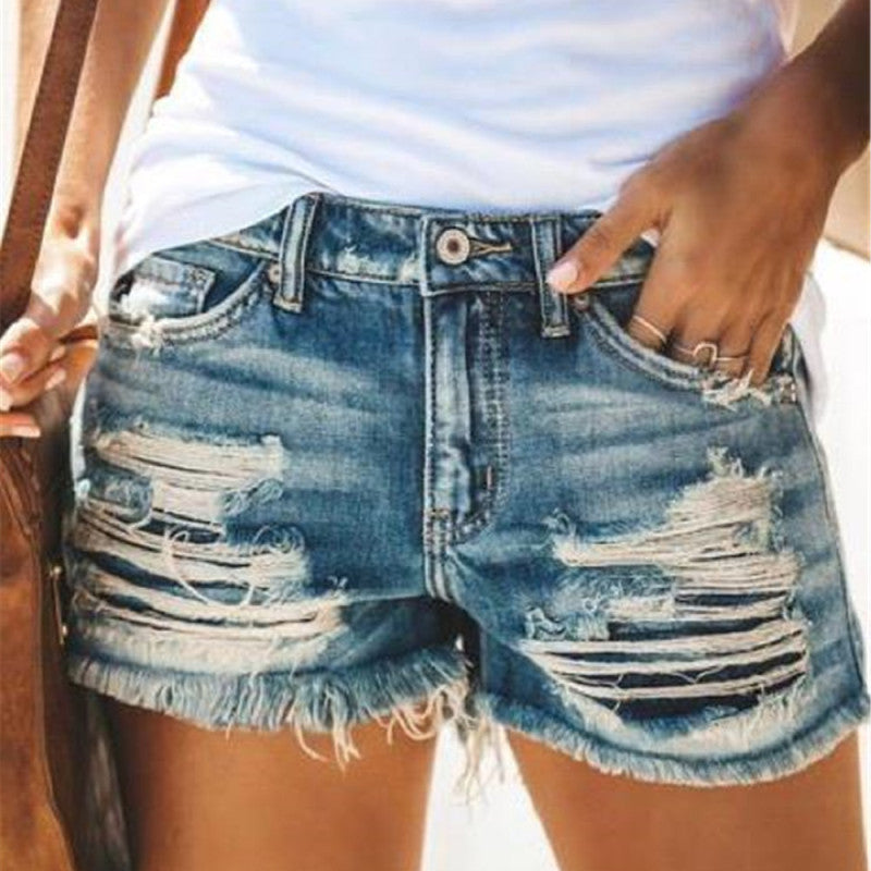 Fashion Summer Women Casual High Waist Ripped Raw Hem Denim Shorts