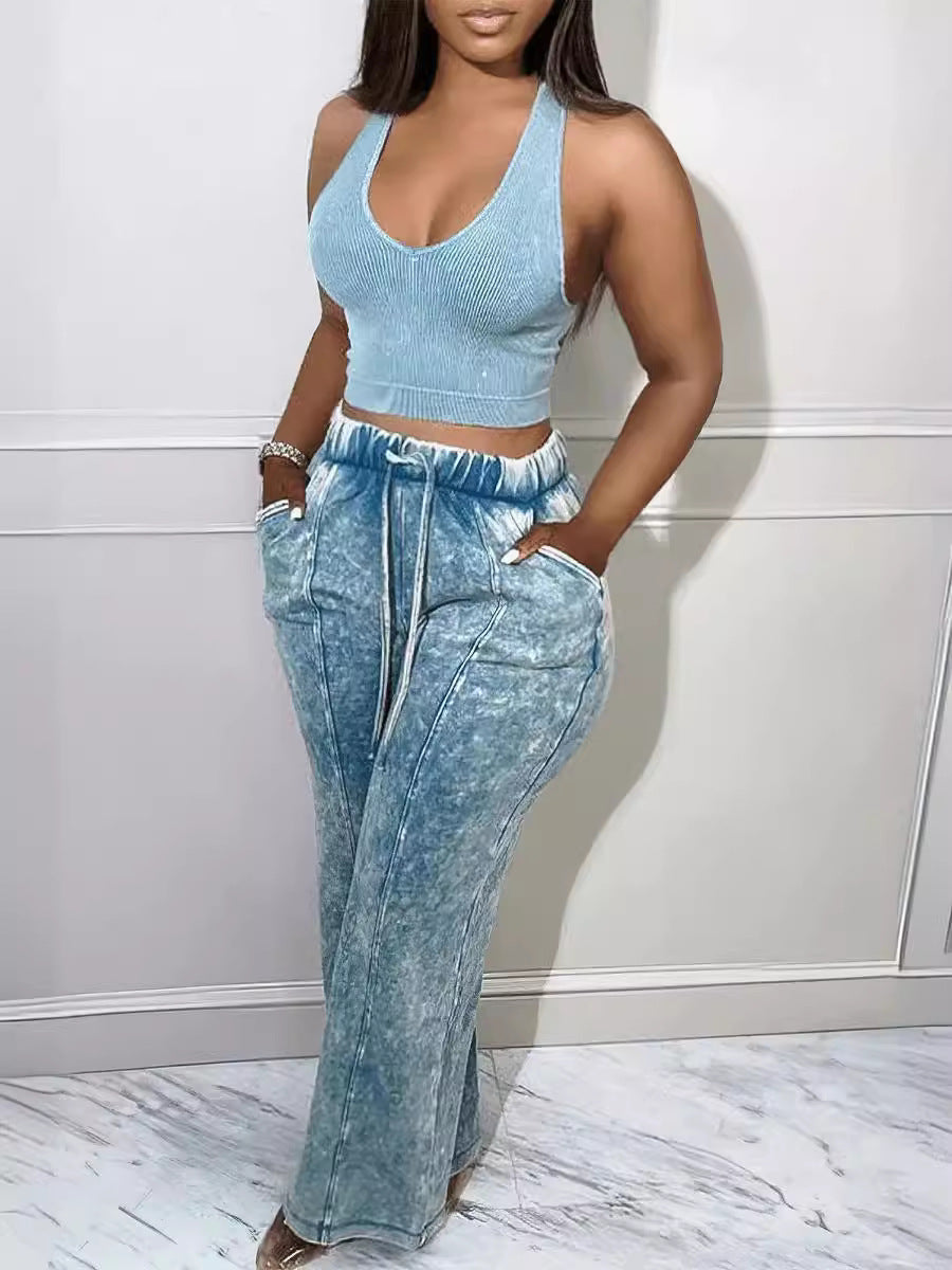 Women Fashion Casual Solid Color Tank Top Pocket Drawstring Pants Two-Piece Set