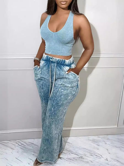 Women Fashion Casual Solid Color Tank Top Pocket Drawstring Pants Two-Piece Set