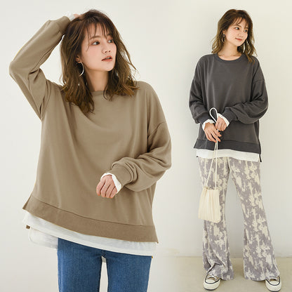 Women Fashion Casual Solid Color Fake Two-Piece Long Sleeve Crewneck Sweatshirt