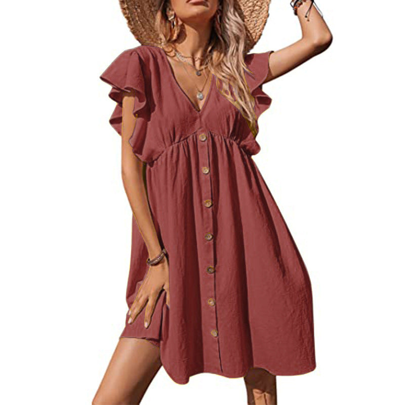 Women Fashion Casual Style Pullover V-Neck Ruffled Sleeve Dress