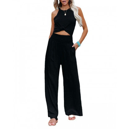 Women Fashion Casual Solid Color Cotton Linen Elastic-Waist Wide Leg Pants