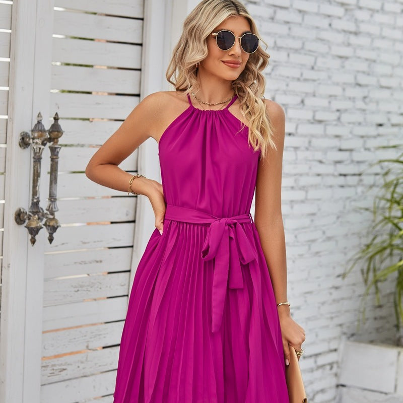 Women Casual Elegant Style Chiffon Halter Neck Lace-Up Sleeveless Pleated Dress