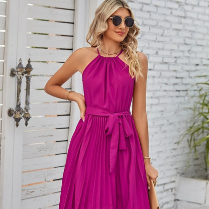 Women Casual Elegant Style Chiffon Halter Neck Lace-Up Sleeveless Pleated Dress