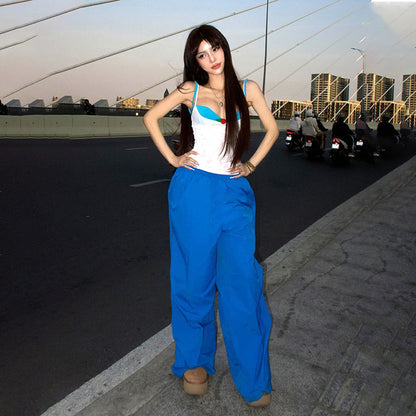 Women Fashion Casual Loose Solid Color High Waist Straight Pants