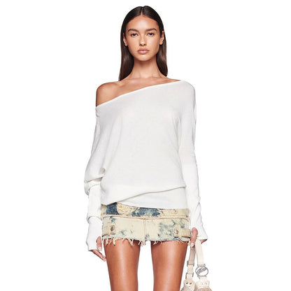 Camiseta holgada informal de manga larga con hombros oblicuos para mujer