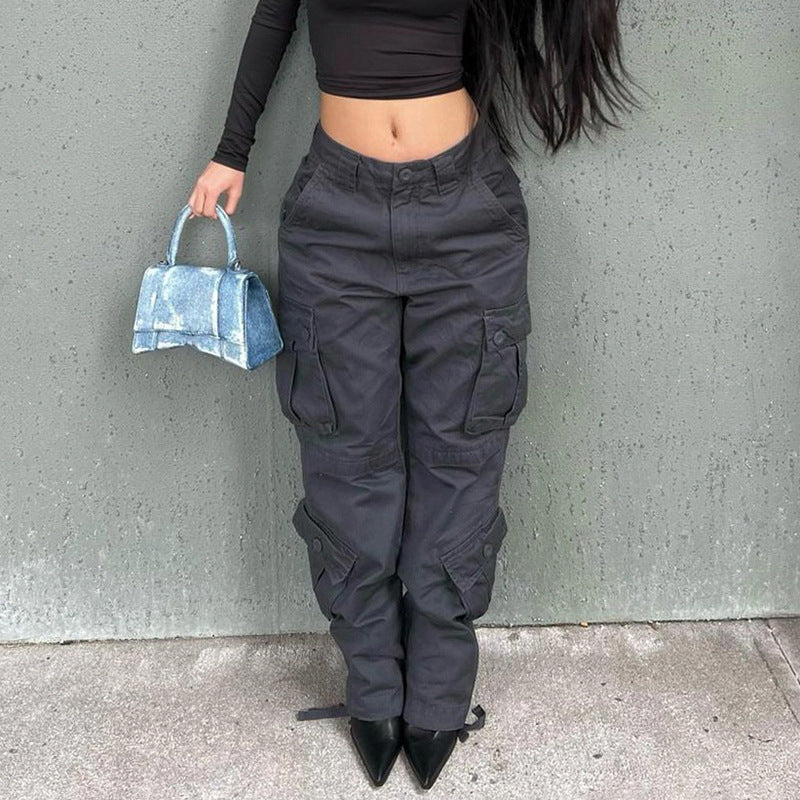 Women Solid Color High Waist Pocket Loose Casual Fashion Pants