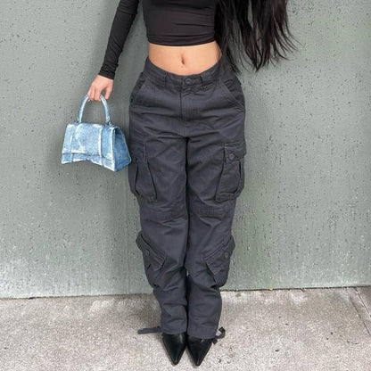 Women Solid Color High Waist Pocket Loose Casual Fashion Pants