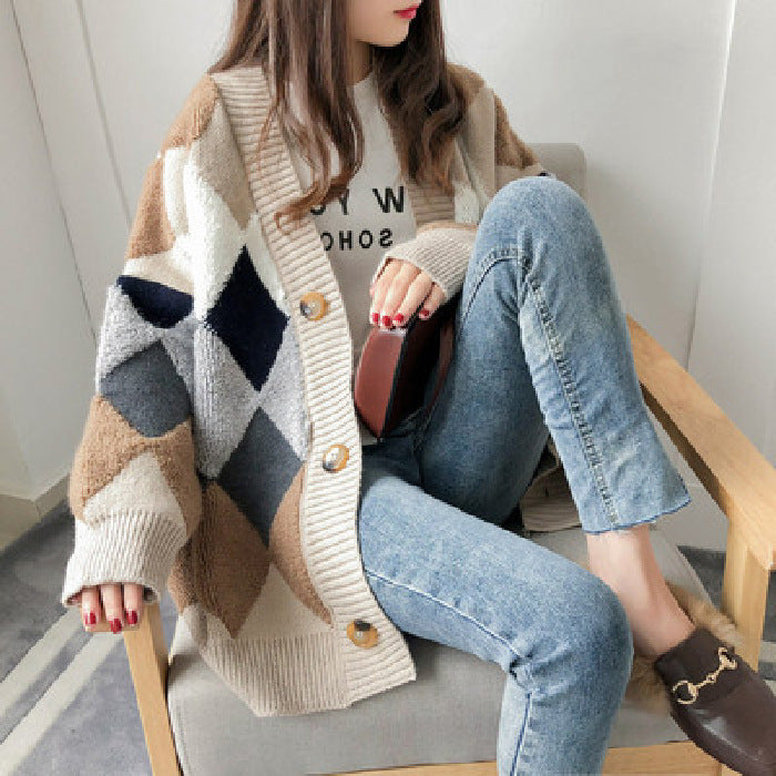 Cárdigan informal elegante de manga larga con bloqueo de color para mujer, holgado y de un solo pecho