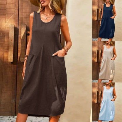 Women Casual Solid Color Cotton Linen Sleeveless Loose U-Neck Dress