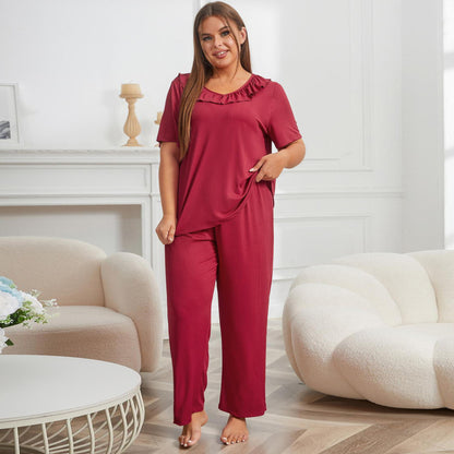 Women Casual Large Size Solid Color Short Sleeve Top And Pants Pajamas Set
