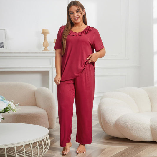 Conjunto de pijama informal de manga corta con top y pantalón de color liso de talla grande para mujer