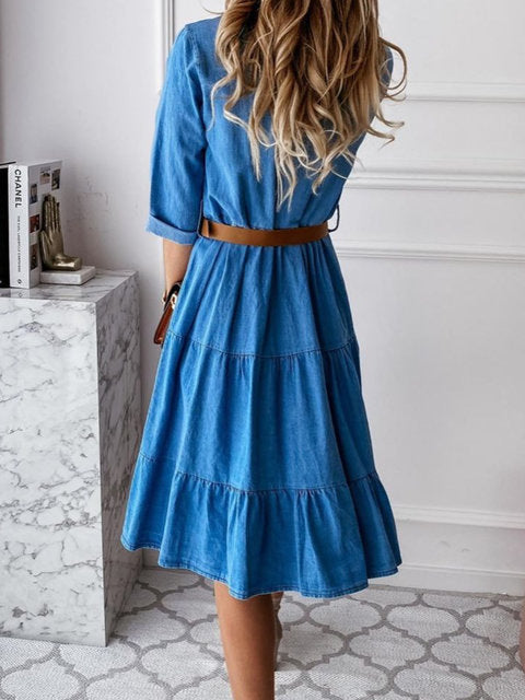 Vestido vaquero clásico de manga larga con bolsillos y volantes para mujer, estilo casual y a la moda.