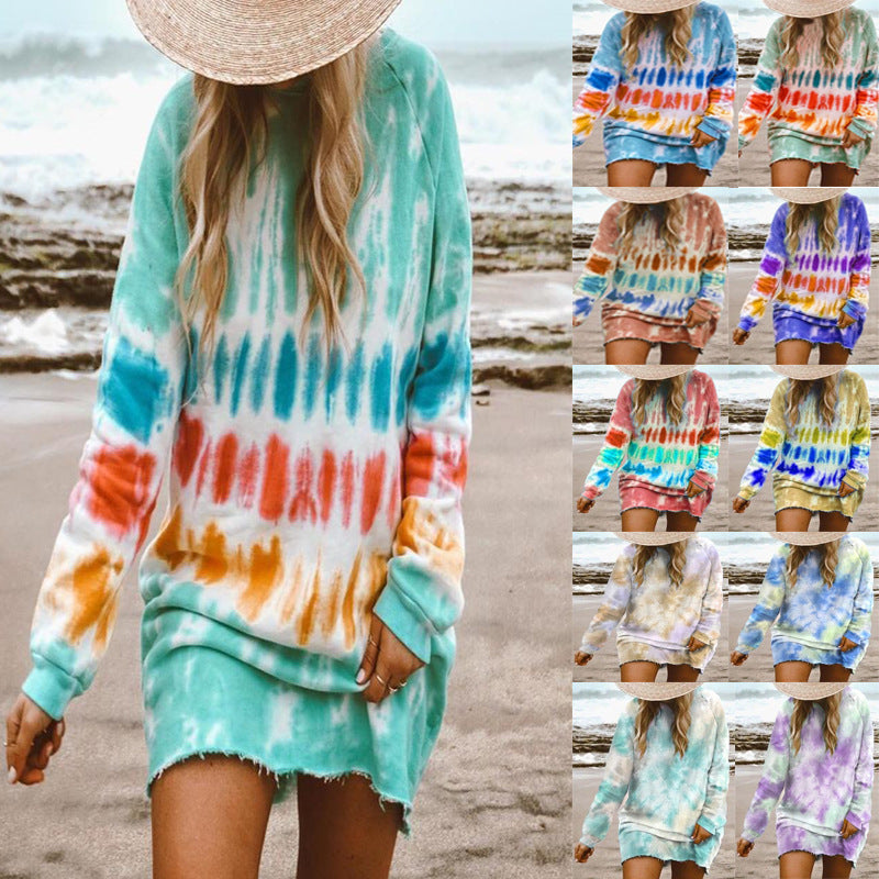 Women Fashion Casual Tie-Dye Printed Loose Long Sleeve Dress