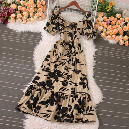 Women Vacation Casual Retro Multicolor Square Neck Printed Waist Puff Sleeve Dress
