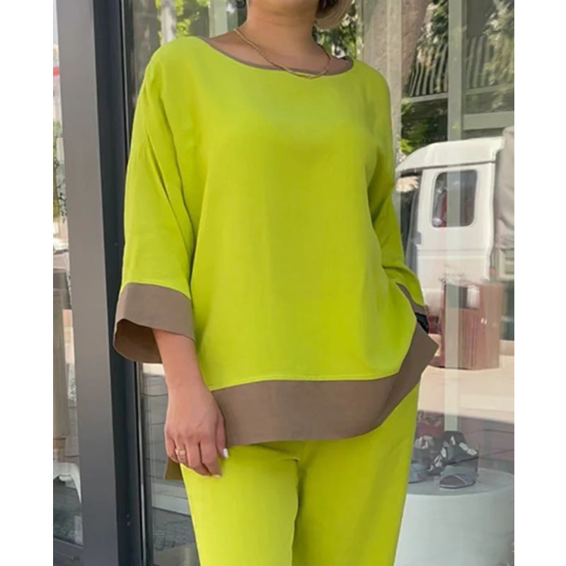 Conjunto de dos piezas formado por camiseta y pantalón recto, manga larga, cuello redondo, informal, holgado, a la moda para mujer