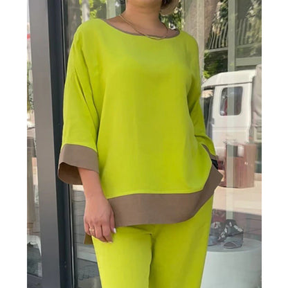 Conjunto de dos piezas formado por camiseta y pantalón recto, manga larga, cuello redondo, informal, holgado, a la moda para mujer