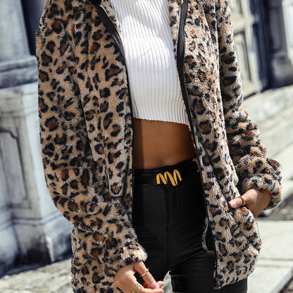 Women Autumn And Winter Hooded Long-Sleeved Leopard Double-Sided Fleece Loose Casual Jacket