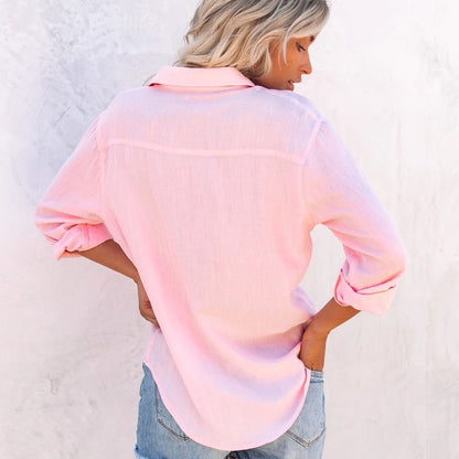 Camisa informal de manga larga de color liso a la moda para mujer