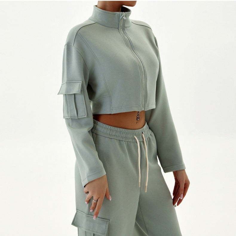 Women Fashion Casual Loose Long-Sleeve Zipper Jacket Pocket Drawstring Pants Sports Two-Piece Set