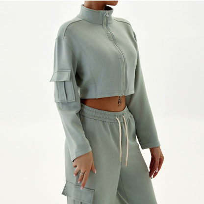 Women Fashion Casual Loose Long-Sleeve Zipper Jacket Pocket Drawstring Pants Sports Two-Piece Set