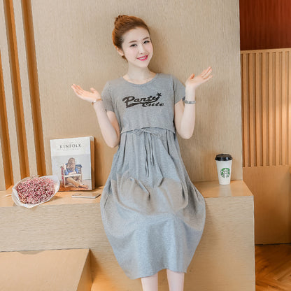 Vestido de lactancia de verano para embarazadas, informal, con estampado de letras, manga corta y bolsillo