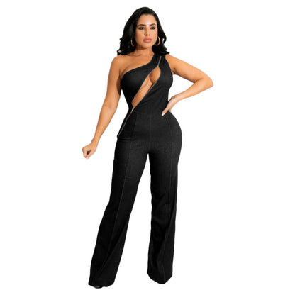 Women Elegant Night Out Fashion Casual Zipper Solid Color Sleevelsss Oblique Shoulder Jumpsuits