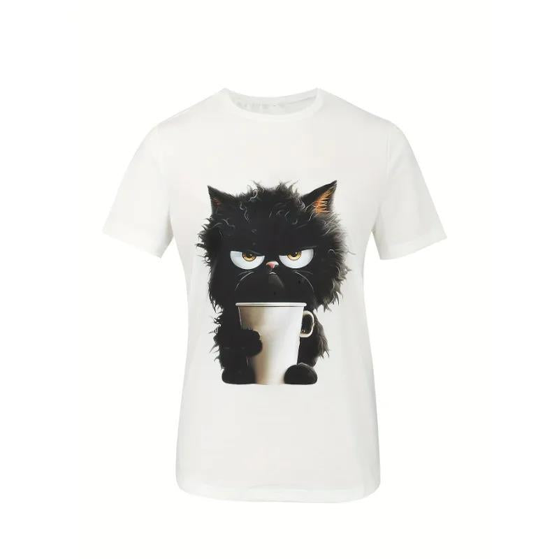 Camiseta informal de manga corta con estampado de gato para mujer