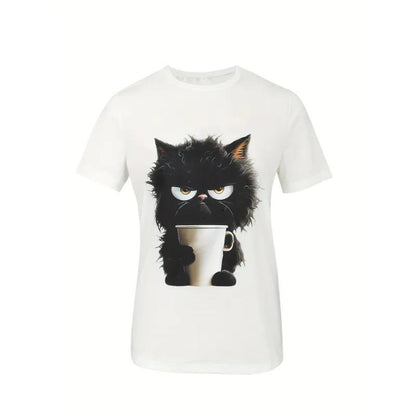 Camiseta informal de manga corta con estampado de gato para mujer
