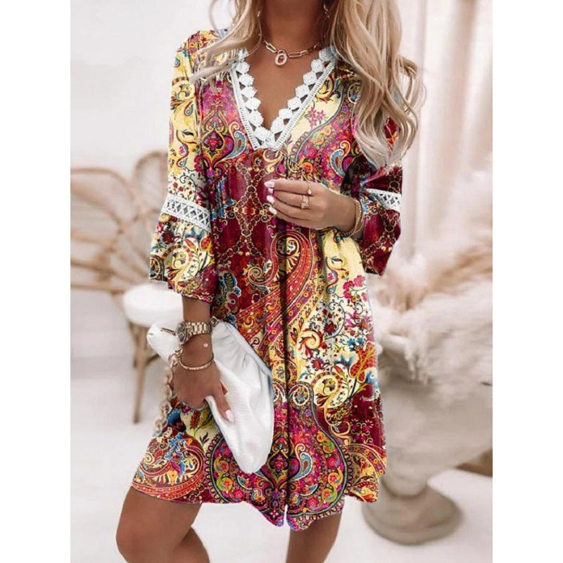 Women Elegant Bohemian V-Neck Floral Printed Lace Patchwork Casual Dress