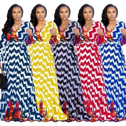 Women Fashion Casual Digital Printing V-Neck Long Sleeve Loose Dress