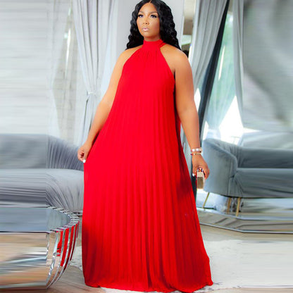 Women Fashion Casual Solid Color Pleated Sleeveless Plus Size Dress