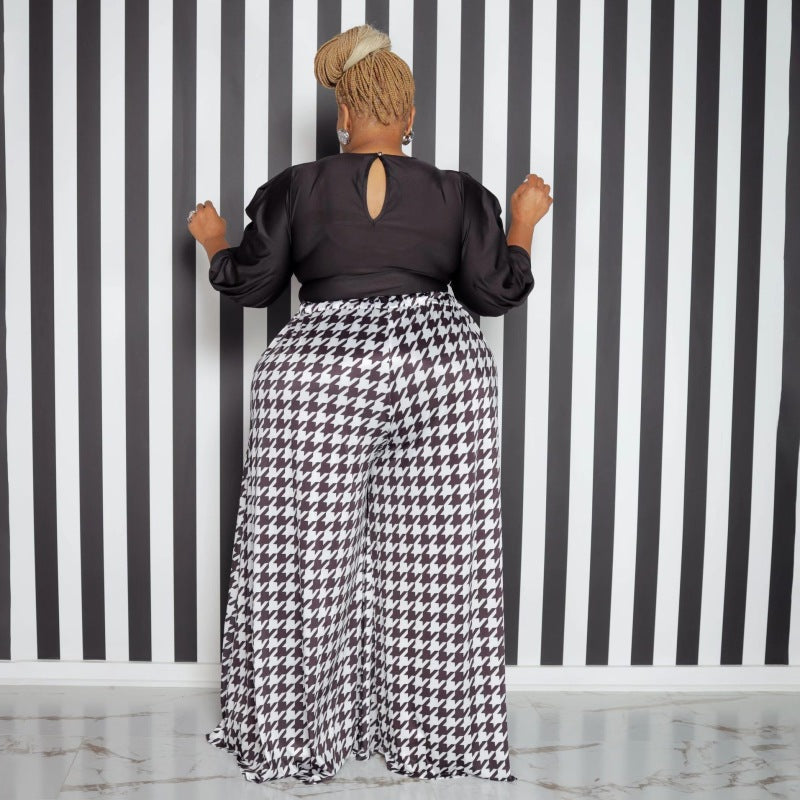 Plus Size Women Casual Houndstooth Wide Leg Pants