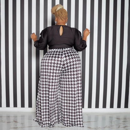 Plus Size Women Casual Houndstooth Wide Leg Pants