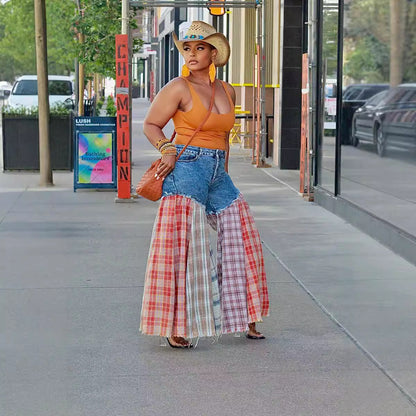 Women Casual Wide Leg Patchwork Jeans