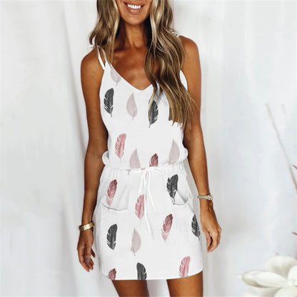 Women Casual Feather Printed Strap Dress