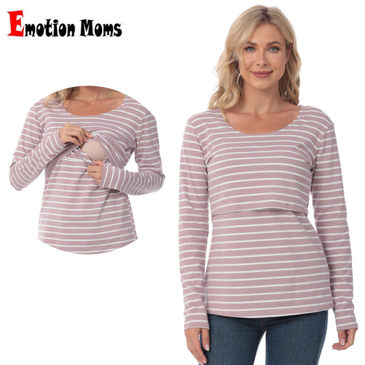 Camiseta de lactancia materna informal con cuello redondo y manga larga con estampado de rayas para embarazadas