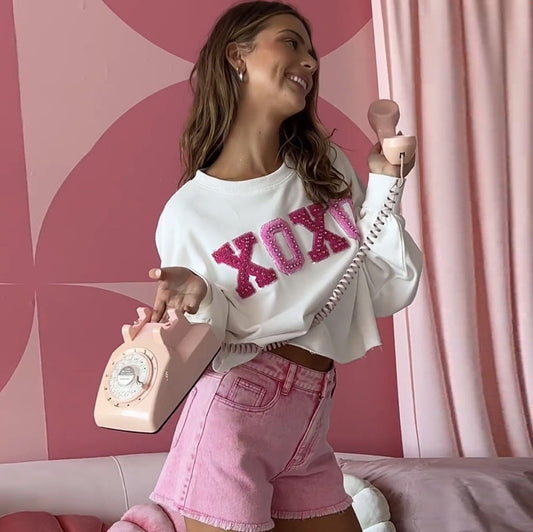 Spring Women Long Sleeve Sweat Loose Casual Heart Letter Embroidered Sweatshirt