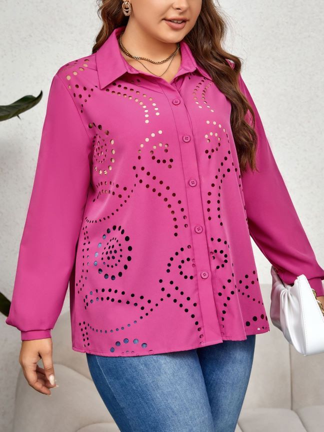 Women Plus Size Casual Office Elegant Hollow Shirt Loose Comfortable Lapel Solid Color Blouse