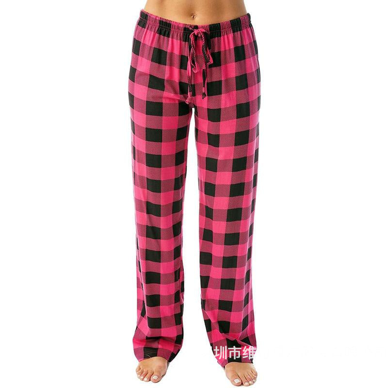Women Fashion Casual Plaid Printing Wide Leg Loose Pants