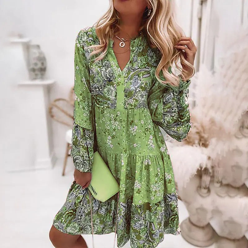 Bohemian Women Elegant Vintage Spring Casual V Neck Ruffled Long Flare Sleeves Mini Dress