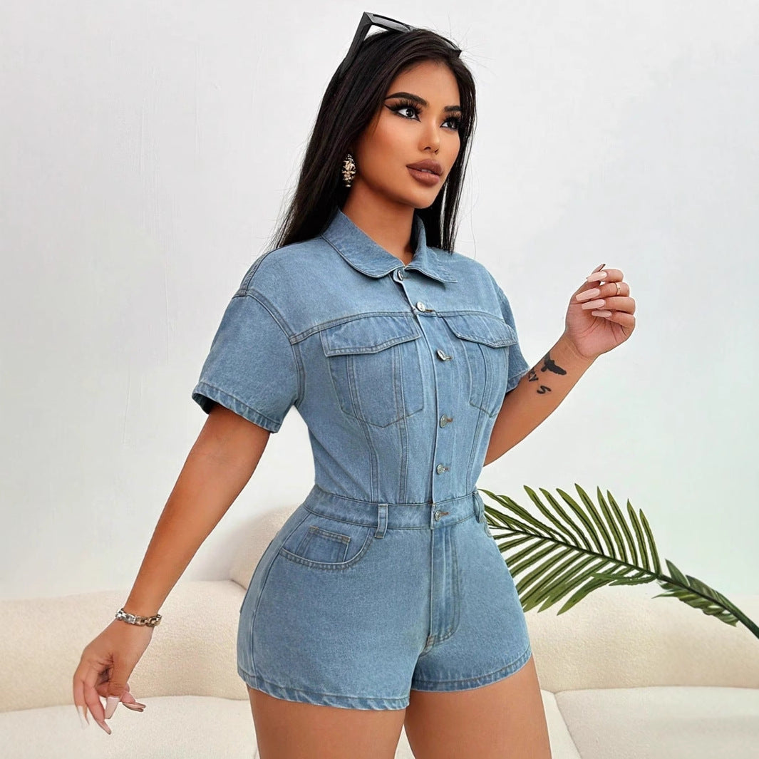 Women Fashion Casual Lapel Short-Sleeve Pocket Slim Fit Denim Rompers