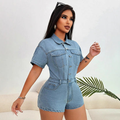Women Fashion Casual Lapel Short-Sleeve Pocket Slim Fit Denim Rompers