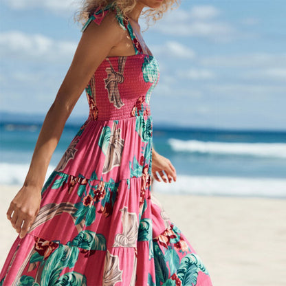 Women Casual Floral Printing Lace-Up Maxi Camisole Dress