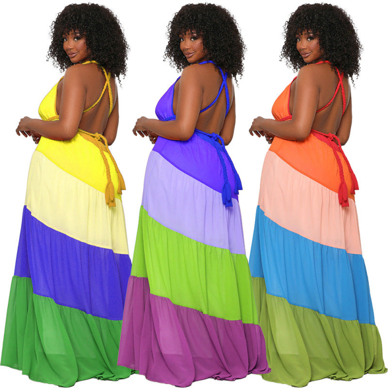 Summer Women Casual Color Blocking Bandage Backless Ruffled Chiffon Dress