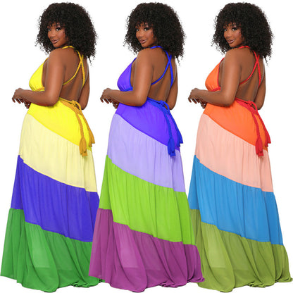 Summer Women Casual Color Blocking Bandage Backless Ruffled Chiffon Dress