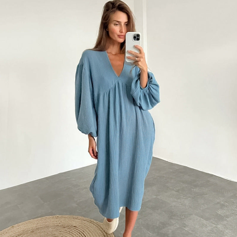 Women Fashion Casual Sexy V-Neck Long Sleeve Home Nightdress