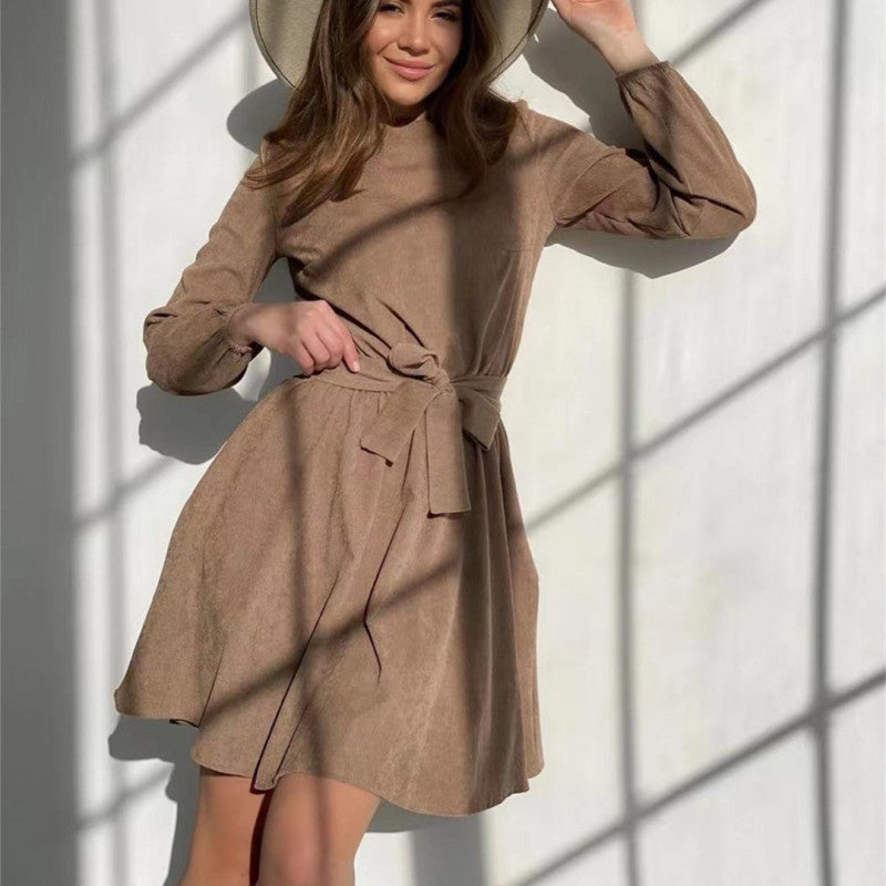 Vestido midi elegante de manga larga, liso, informal, de longitud media, con lazo para mujer