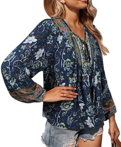 Camiseta informal de vacaciones con cuello en V y cordones para mujer